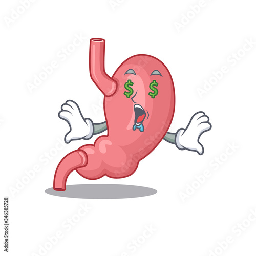 Rich cartoon character design of human stomatch with money eyes