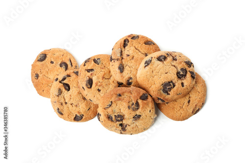 Tasty chocolate chip cookies isolated on white background