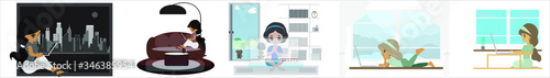 Women working at home using social media via laptops.Work from home. People at home in quarantine. Vector flat style illustration.