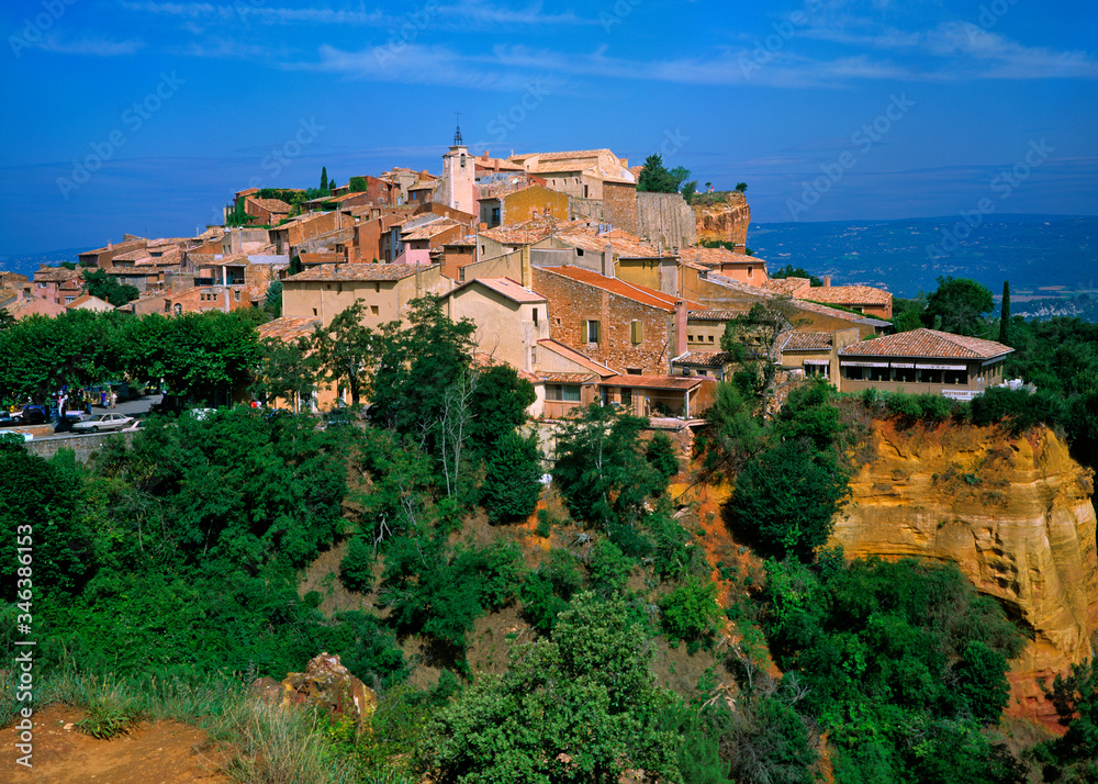 View of the hilltop village of Roussillon in the Luberon Provence France