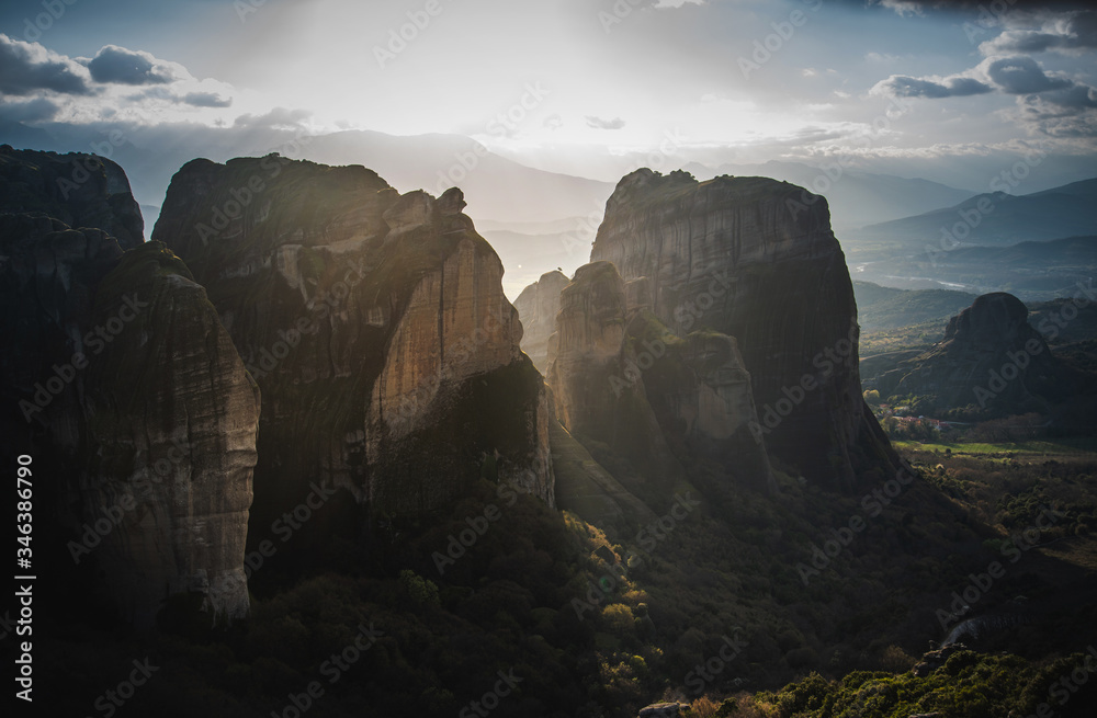 Aerial view of Meteora valley at sunset time, Meteora in Greece