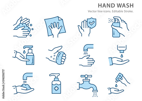 Hand washing flat line icon set. Vector illustration. Editable stroke.