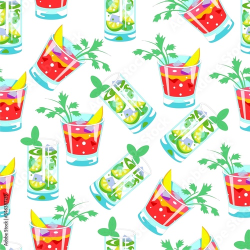 Alcoholic or nonalcoholic cocktails, mojito and cosmopolitan seamless pattern