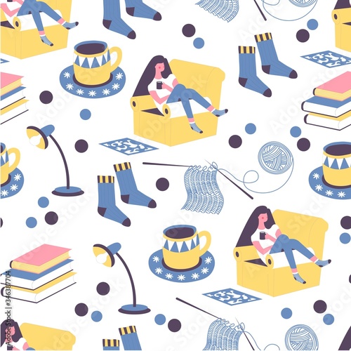 Girl with cup of coffee in armchair seamless pattern
