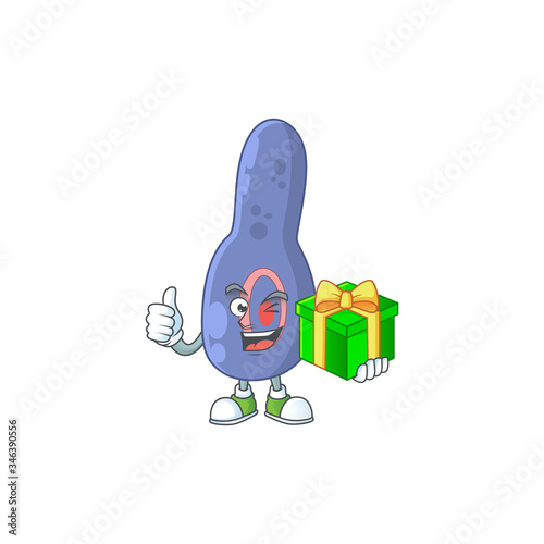 Smiley clostrisium botulinum cartoon character holding a gift box