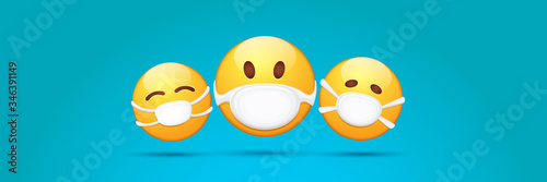 Vector Emoji nurse stickers set with mouth medical protection mask isolated on blue horizontal background. Yellow smile face character with white surgeon mask. Self isolation concept ilustration