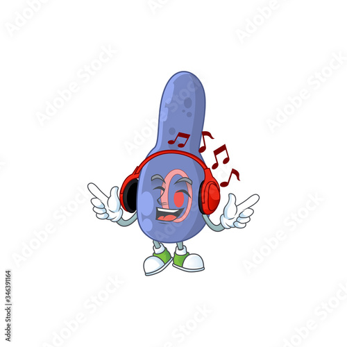 Cartoon mascot design clostrisium botulinum enjoying music with headset