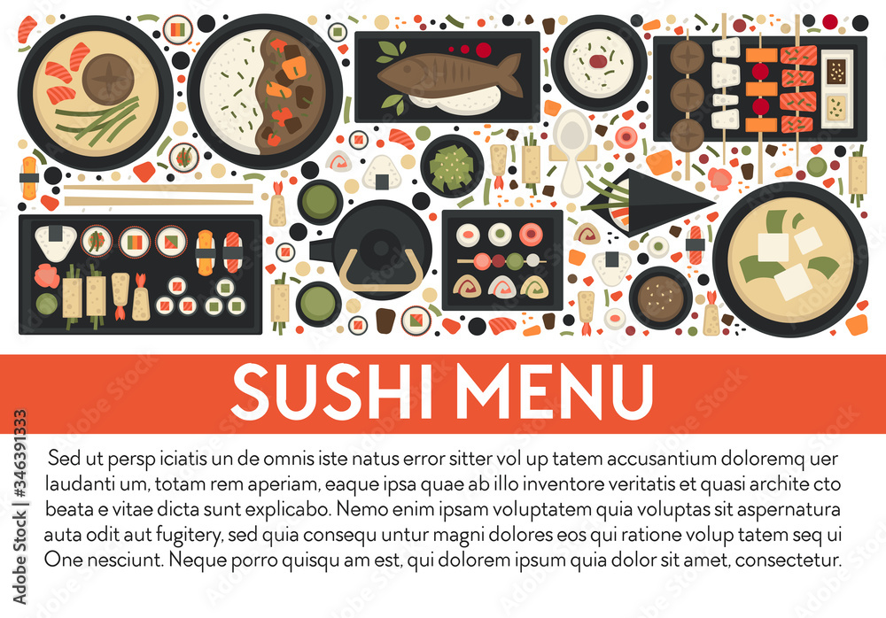 Sushi menu, japanese cuisine banner with text vector