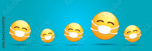 Vector Emoji nurse stickers set with mouth medical protection mask isolated on blue horizontal background. Yellow smile face character with white surgeon mask. Self isolation concept ilustration