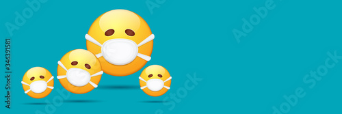 Vector Emoji nurse stickers set with mouth medical protection mask isolated on blue horizontal background. Yellow smile face character with white surgeon mask. Self isolation concept ilustration