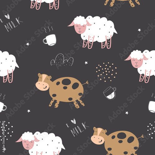 Seamless pattern of hand drawn sheep, cow and cloud in the dark backdrop