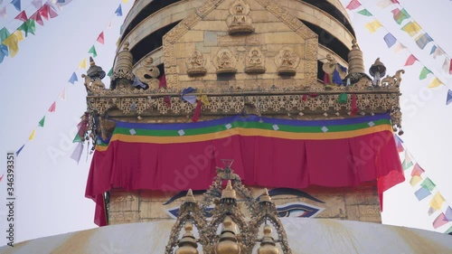 Prayer Flags In Swayambhunath Stupa - Monkey Temple In Kathmandu, Nepal - Swayambhu Mahachaitya. - close up shot photo