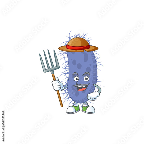 Mascot design style of Farmer salmonella typhi with hat and pitchfork
