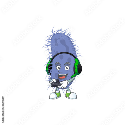 A cartoon design of salmonella typhi talented gamer play with headphone and controller