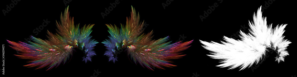 Obraz premium Abstract colorful rainbow wings on black background with white clipping mask