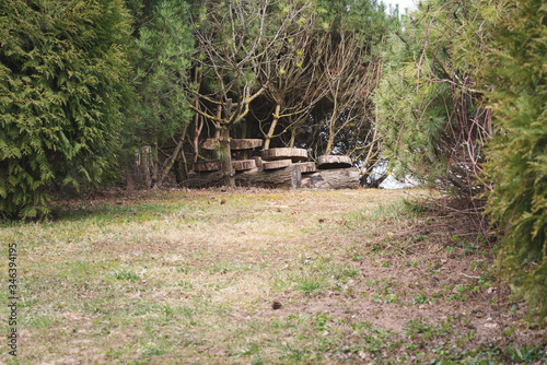Obraz na plátně secluded place in the garden, wooden disc seats and tables under the mountain pi