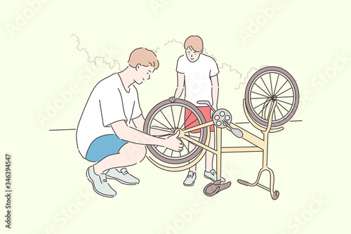 Fatherhood, cycling, childhood, repair concept. Cartoon characters young man father helps boy kid son teenager repairing bike wheel. Family care and active summer recreation lifestyle illustration.