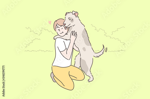 Child playing with dog concept. Young boy child kid owner cartoon character hugging embracing with happy pet puppy licking face in park outside. Summer leisure time animal love or devoted friendship.