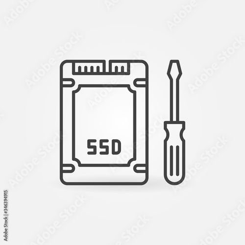 SSD with Screwdriver outline icon. Vector Solid-State Drive Repair concept sign