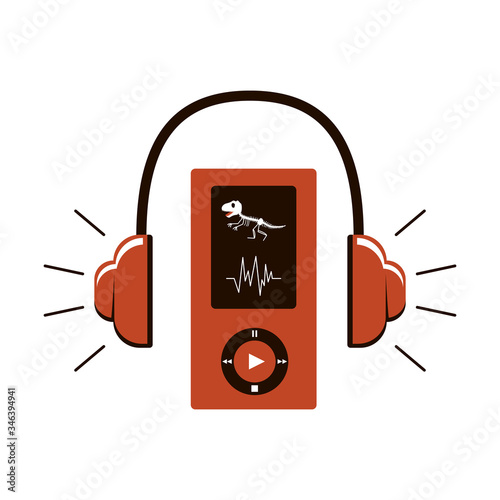 Audio guide icon. Headphones and a device with control buttons. On the screen, a dinosaur skeleton. Audio accompaniment in the Museum. Vector illustration in brown color scheme. Isolated on white