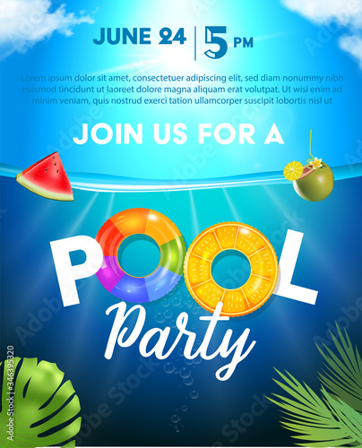 Pool party poster template. Background with pool surface, palm leaves, beach umbrella and rubber ball. Realistic inflatable rainbow and orange rings. Vector illustration of invitation to nightclub.