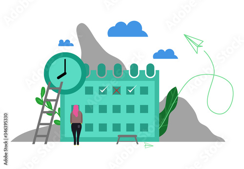 Colorful vector illustration, people make online graph in tablet. business planning schedules task for the week . work plan diagram calendar special date plan. main day emblem isolated