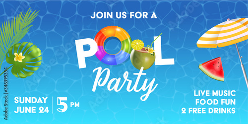Pool party poster template. Background with pool surface, palm leaves, beach umbrella and rubber ball. Realistic inflatable rainbow and orange rings. Vector illustration of invitation to nightclub.