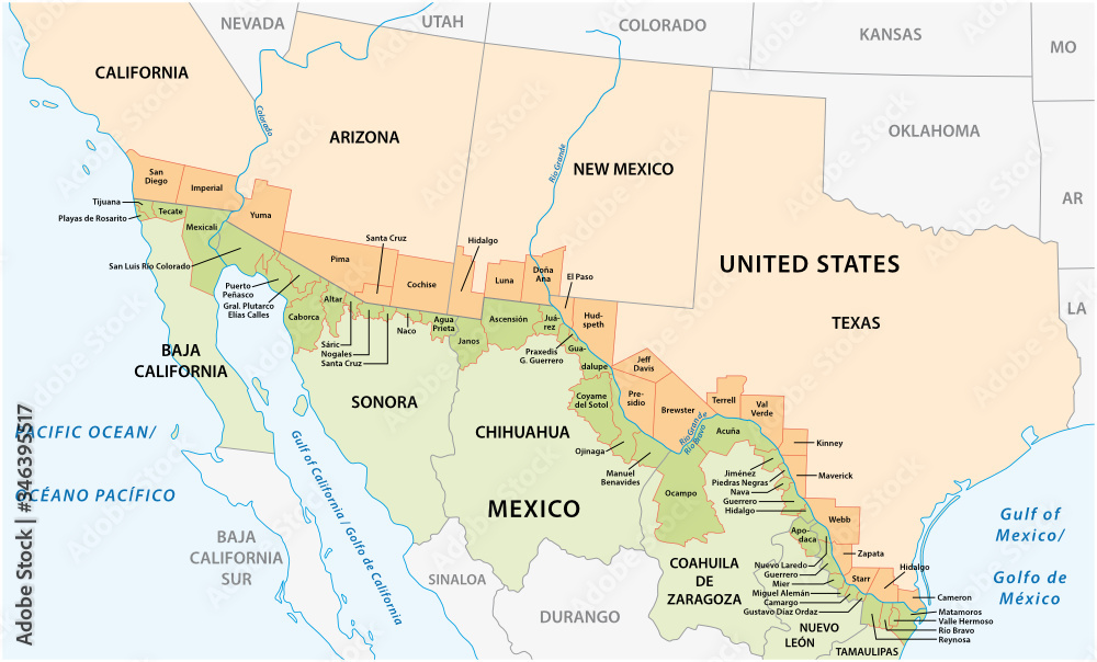 Vector map of the border districts in the United States and Mexico along the border