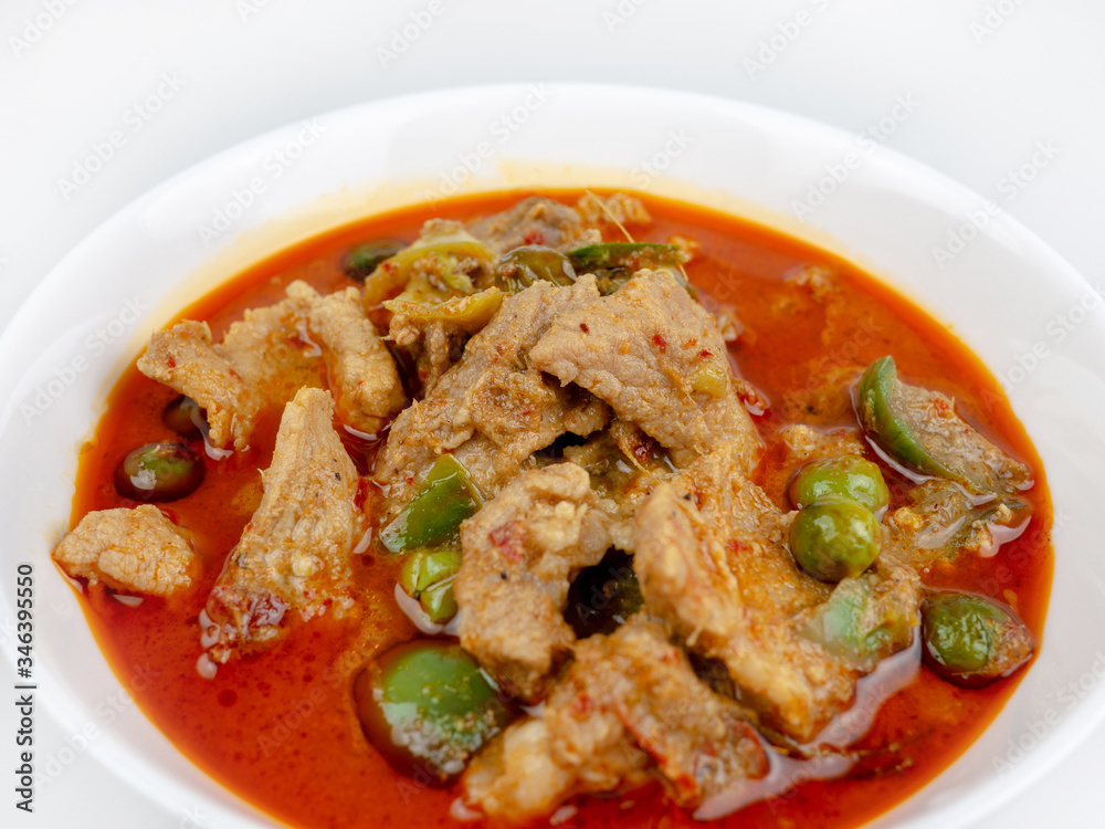 Panang Curry with Pork on white background, thai food Panang Curry with Pork on white background, thai food