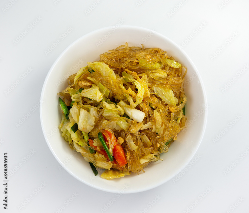 Fried vermicelli on white background, Noodles made from mung beans, thai food