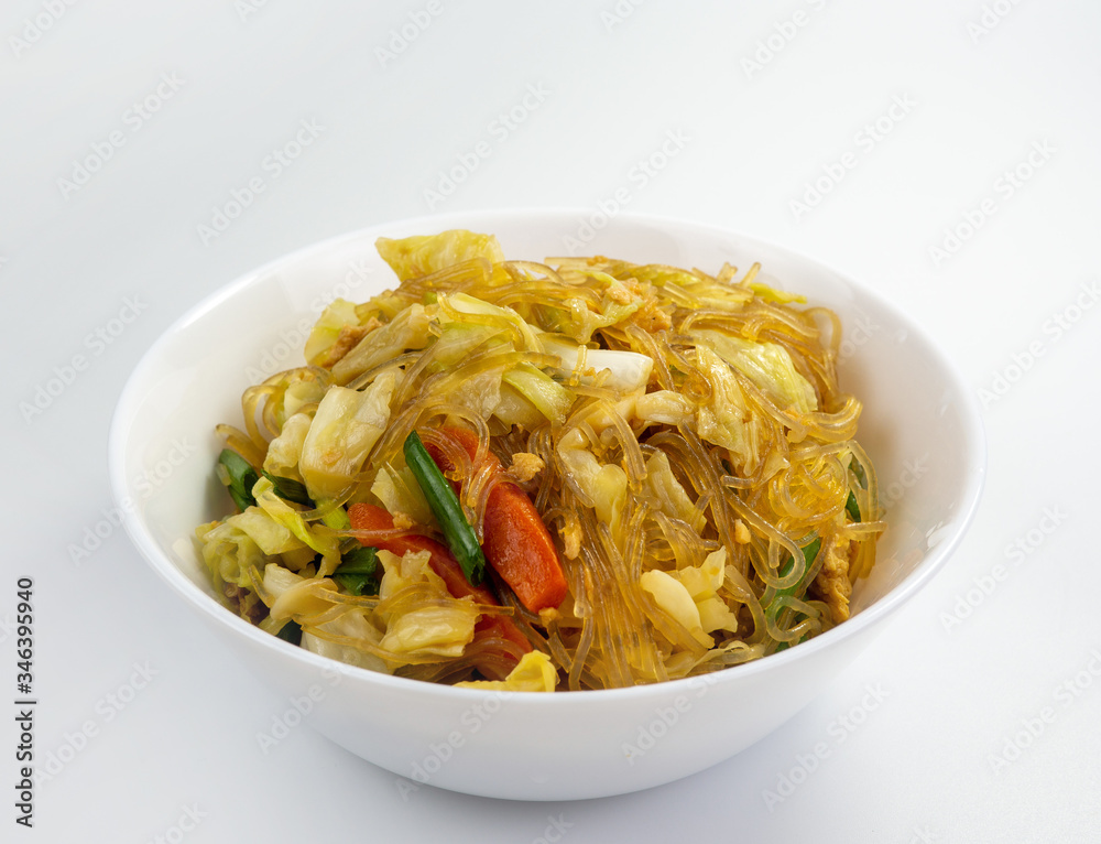 Fried vermicelli on white background, Noodles made from mung beans, thai food
