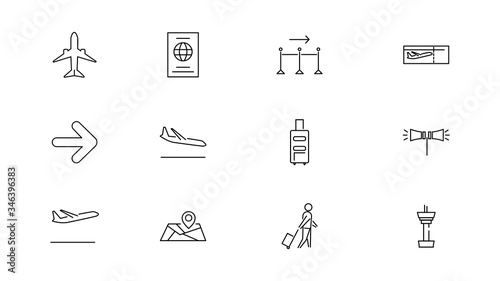 airport icon collection. including tickets, passports, planes and others.vector illustration