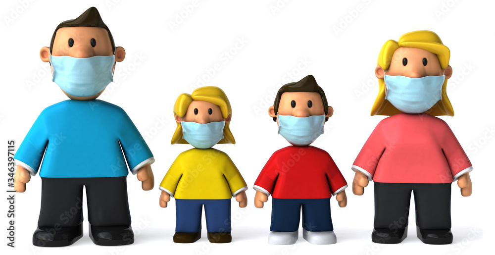 3D Illustration of a family with a mask