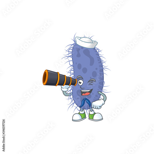 Salmonella typhi in Sailor cartoon character style using a binocular