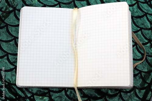 Obraz na płótnie An open notebook on a black-green background imitating scales. Open notebook in a box on a shiny green background with place for text. w salonie