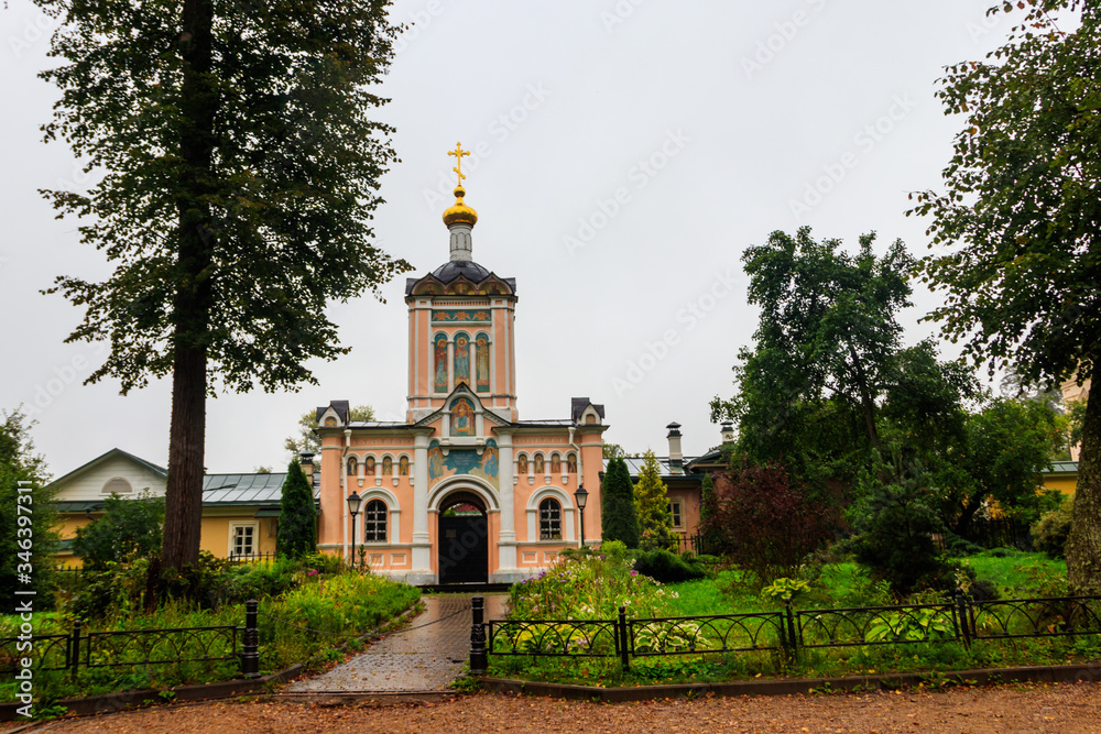 Gate Church of St. John Baptist Skete of Optina Monastery. Optina Pustyn (literally Opta's hermitage) is an Eastern Orthodox monastery near Kozelsk in Russia