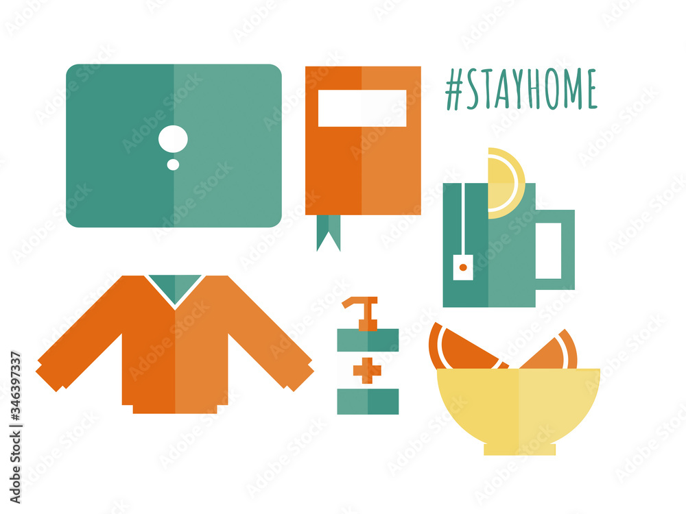 stay home flat illustration for COVID-19 prevention, laptop, book, tea, warm clothes, oranges, and hand sanitizer for self-isolation at home, stay at home kit for corona virus prevention stay home flat illustration for COVID-19 prevention, laptop, book, tea, warm clothes, oranges, and hand sanitizer for self-isolation at home, stay at home kit for corona virus prevention