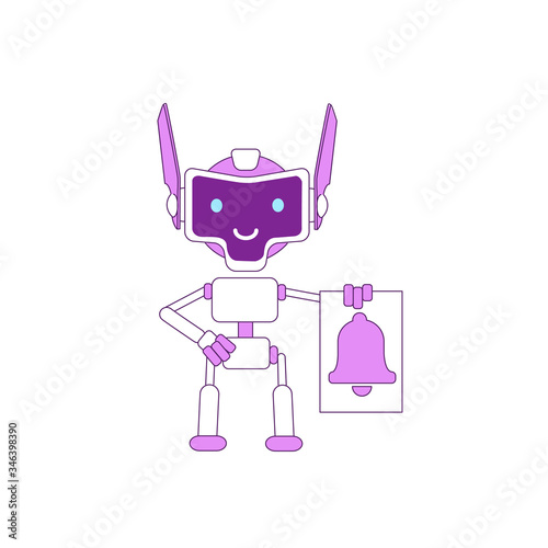 Cute modern robot with bell violet linear object. Futuristic notification service bot thin line symbol. AI smiling cyborg toy isolated outline illustration on white background © The img