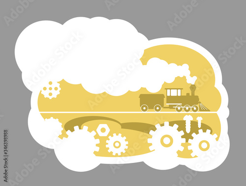 Railroad 2D vector web banner, poster. Technical work. Mechanic cogs. Railway industry flat scenery on cartoon background. Steam engine engineering printable patches, colorful web elements
