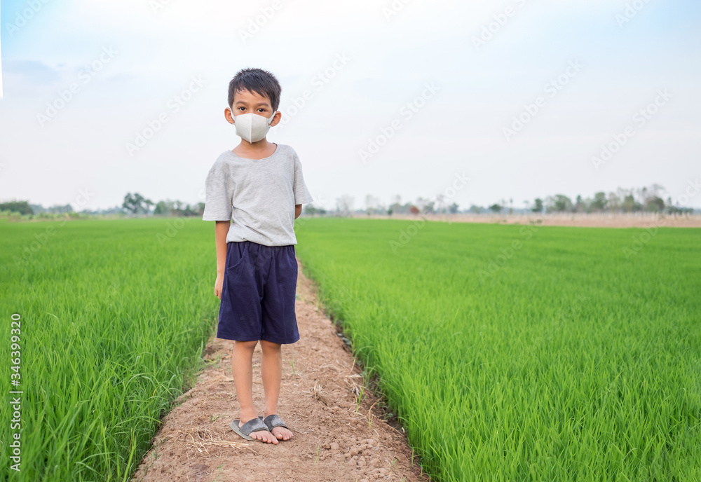Asian boy wear face mask standing at rice farm. Healthy concept Asian boy wear face mask standing at rice farm. Healthy concept