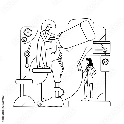 Prosthesis development thin line concept vector illustration. Engineer and doctor 2D cartoon characters for web design. Artificial limb, bionic leg construction. Robotics, prosthetics creative idea