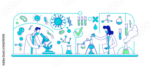 Medical experiment thin line concept vector illustration. Science lab workers, biologists 2D cartoon characters for web design. Scientists studying virus pathogen. Coronavirus research creative idea