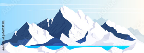 Mountain flat color vector illustration. Wild nature scenery. Ice peak view. Glacier in water. Hills on horizon. 2D cartoon winter landscape with snow rocks and blue sky on background