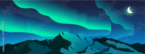Fototapeta Naklejka Na Ścianę i Meble -  Aurora borealis phenomenon flat color vector illustration. Northern lights in sky and snowy mountain 2D cartoon night winter landscape with crescent moon and starry sky on background