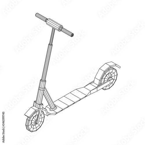 Roller scooter balance kick push bike. Eco alternative city transport. Wireframe low poly mesh vector illustration.