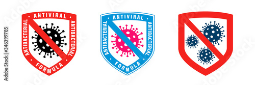 Antiviral antibacterial coronavirus formula vector shield icons. Coronavirus 2019-nCov, Covid-19 NCP virus stop signs, health protection, hand sanitizer labels