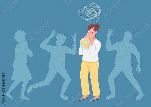 Hyperventilating woman flat concept vector illustration. Girl with panic attack breathing in paper bag 2D cartoon character for web design. Stress management, social phobia, anxiety disorder