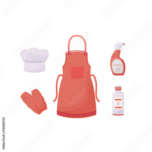 Cook uniform items and sanitizers flat color vector objects set. Kitchen clothes and disinfectors. Cook hat and apron, sleeve protectors 2D isolated cartoon illustrations on white background