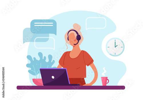 Woman with headphone and computer, call center, customer service and support. Flat vector illustration concept of distance work, distance education, telemarketing