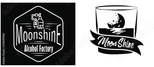 Vintage design of moonshine label with ethnic elements in the style of thin line, bourbon, moonshine and brandy. Black and white vintage logo or label options. Monochrome, black on white. white on bla
